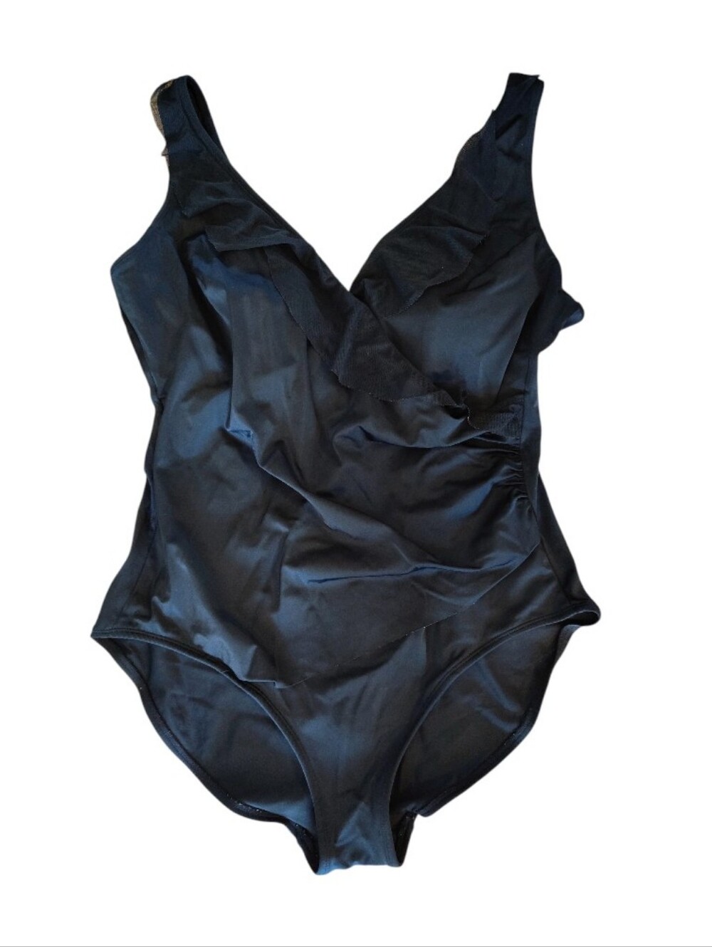 Great‎ Lengths Black Ruffled VNeck Wrap One Piece Tank Swimsuit SZ 16 Plus